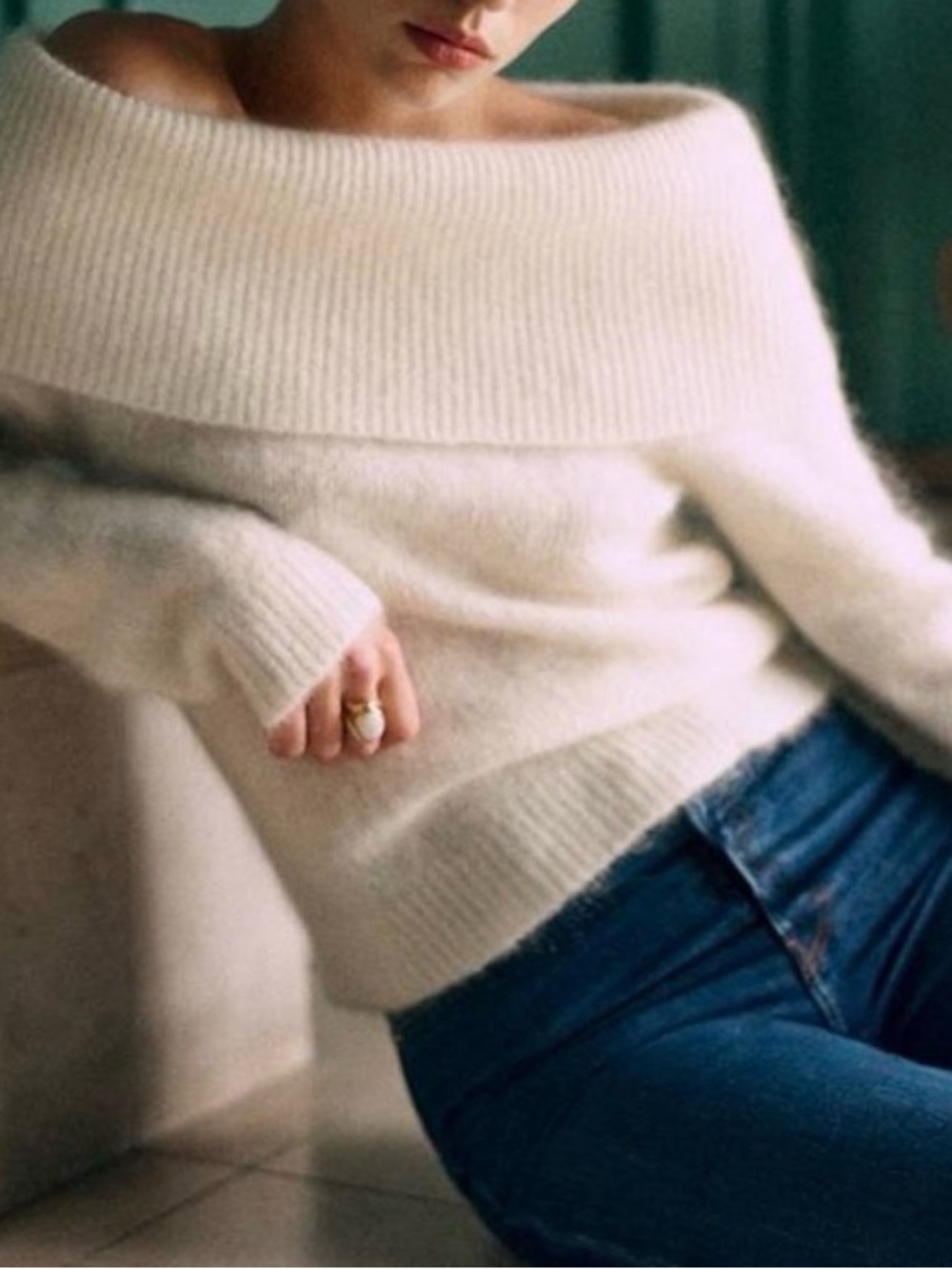 Sézane Kid Mohair Merino Wool Off Shoulder Sweater Cream XS